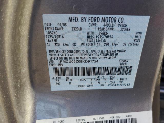 Photo 10 from auction – 2008 FORD ESCAPE XLT with VIN 1FMCU03Z08KD91724