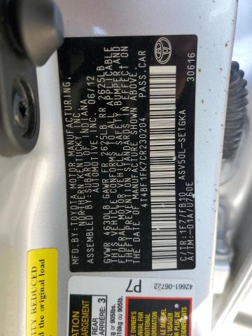 Photo 10 from auction – 2012 TOYOTA CAMRY BASE with VIN 4T4BF1FK7CR230204