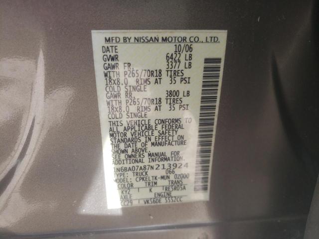 Photo 10 from auction – 2007 NISSAN TITAN XE with VIN 1N6BA07A87N213924