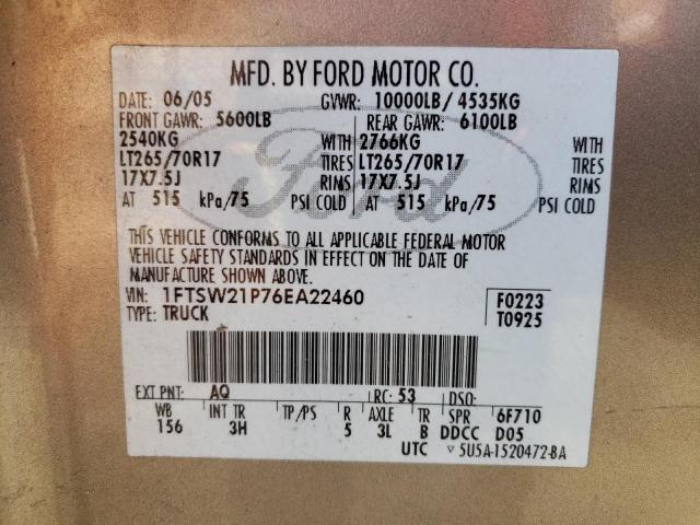 Photo 10 from auction – 2006 FORD F250 SUPER with VIN 1FTSW21P76EA22460
