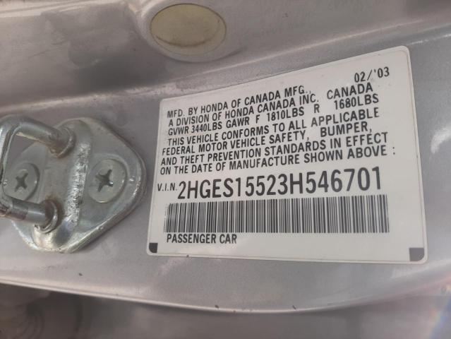 Photo 10 from auction – 2003 HONDA CIVIC LX with VIN 2HGES15523H546701