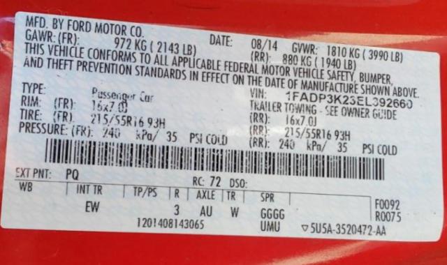 Photo 10 from auction – 2014 FORD FOCUS SE with VIN 1FADP3K23EL392660
