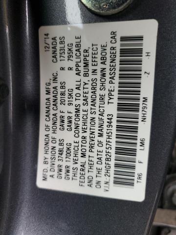 Photo 10 from auction – 2015 HONDA CIVIC LX with VIN 2HGFB2F57FH519443
