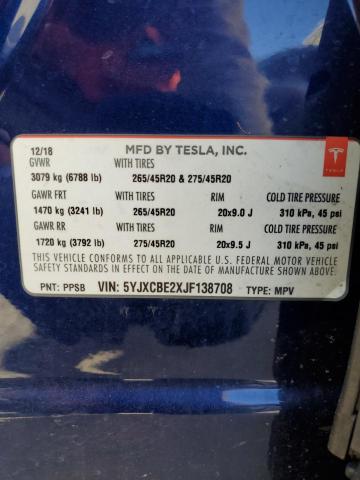 Photo 10 from auction – 2018 TESLA MODEL X with VIN 5YJXCBE2XJF138708