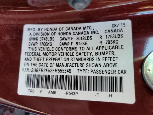 Photo 10 from auction – 2015 HONDA CIVIC LX with VIN 2HGFB2F52FH555346