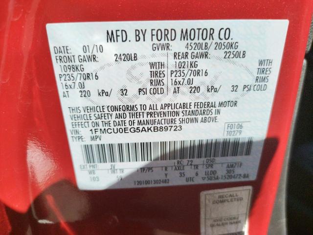 Photo 10 from auction – 2010 FORD ESCAPE LIM with VIN 1FMCU0EG5AKB89723