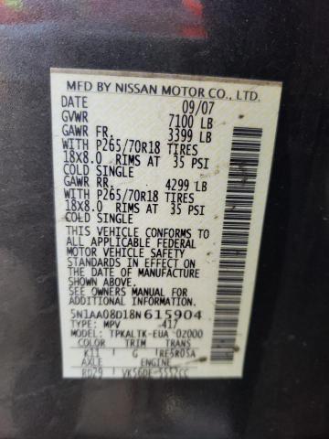 Photo 10 from auction – 2008 NISSAN ARMADA SE with VIN 5N1AA08D18N615904