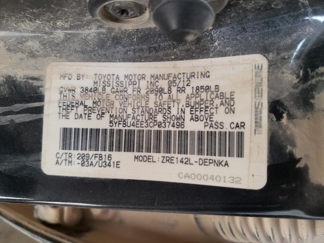 Photo 10 from auction – 2012 TOYOTA COROLLA BA with VIN 5YFBU4EE3CP037496
