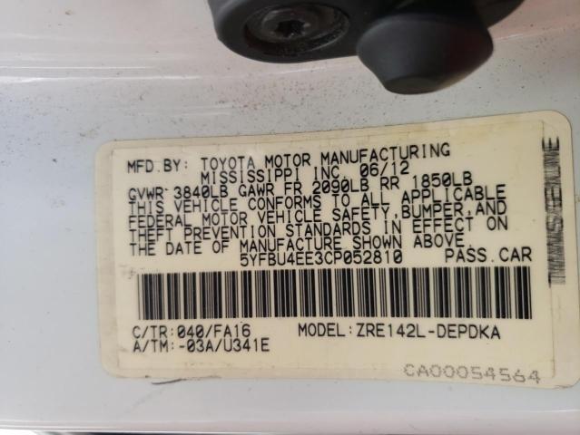 Photo 10 from auction – 2012 TOYOTA COROLLA BA with VIN 5YFBU4EE3CP052810