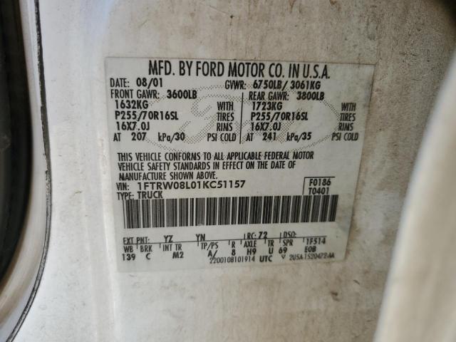 Photo 10 from auction – 2001 FORD F150 SUPER with VIN 1FTRW08L01KC51157