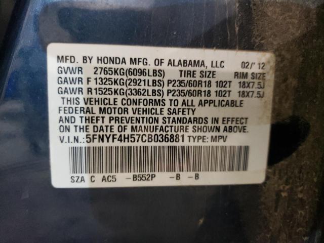 Photo 10 from auction – 2012 HONDA PILOT EXL with VIN 5FNYF4H57CB036881