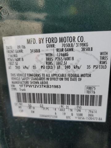 Photo 10 from auction – 2007 FORD F150 SUPER with VIN 1FTPW12V37KB31983