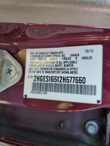 Photo 10 from auction – 2002 HONDA CIVIC LX with VIN 2HGES16512H577550