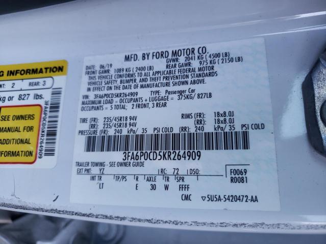 Photo 10 from auction – 2019 FORD FUSION SEL with VIN 3FA6P0CD5KR264909