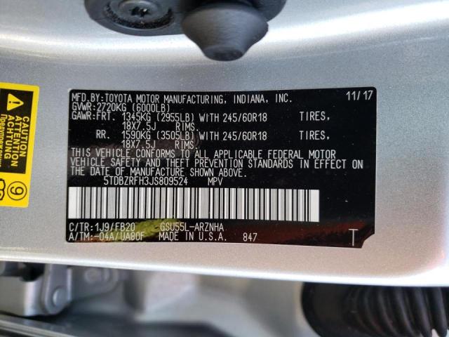 Photo 10 from auction – 2018 TOYOTA HIGHLANDER with VIN 5TDBZRFH3JS809524