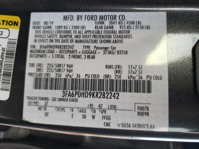 Photo 10 from auction – 2019 FORD FUSION SE with VIN 3FA6P0HD9KR282242