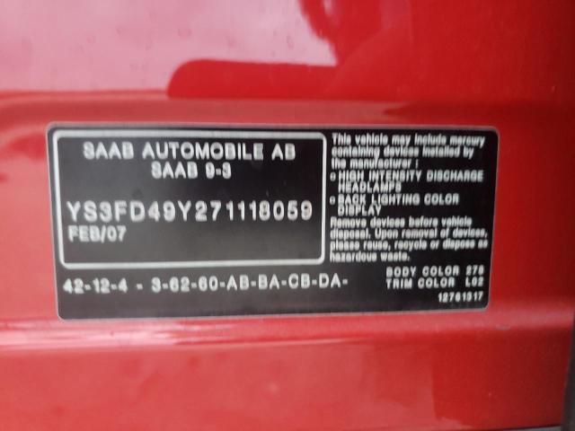 Photo 10 from auction – 2007 SAAB 9-3 2.0T with VIN YS3FD49Y271118059