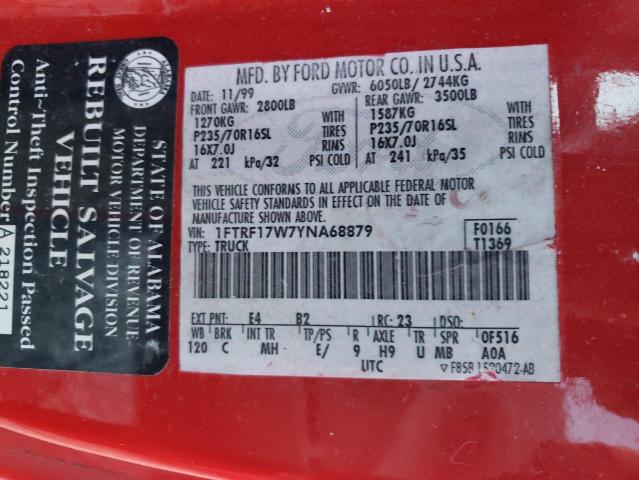 Photo 10 from auction – 2000 FORD F150 with VIN 1FTRF17W7YNA68879