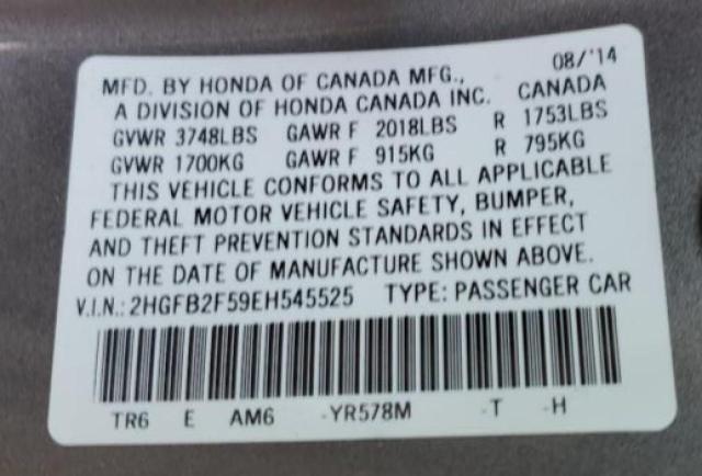 Photo 10 from auction – 2014 HONDA CIVIC LX with VIN 2HGFB2F59EH545525