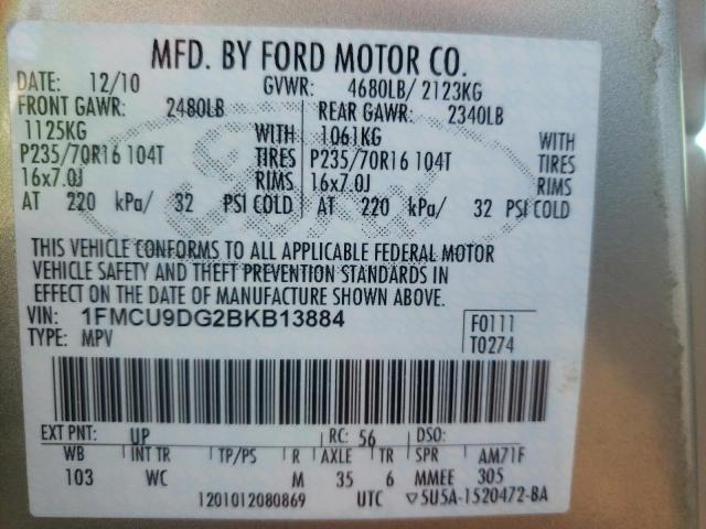 Photo 10 from auction – 2011 FORD ESCAPE XLT with VIN 1FMCU9DG2BKB13884