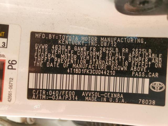 Photo 10 from auction – 2012 TOYOTA CAMRY HYBR with VIN 4T1BD1FK3CU044210