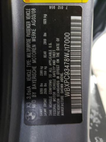 Photo 10 from auction – 2008 BMW X3 3.0SI with VIN WBXPC93478WJ17000