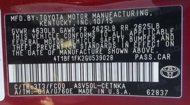 Photo 10 from auction – 2016 TOYOTA CAMRY LE with VIN 4T1BF1FK2GU539028