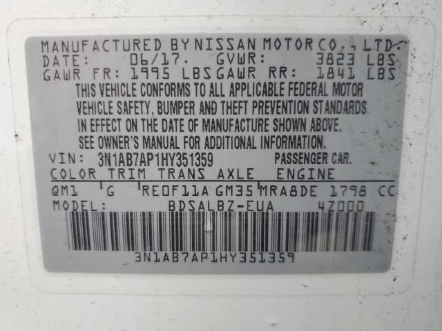 Photo 10 from auction – 2017 NISSAN SENTRA S with VIN 3N1AB7AP1HY351359