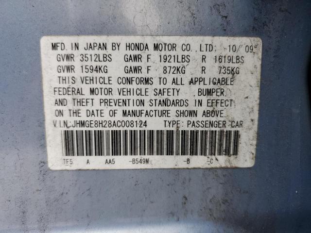 Photo 10 from auction – 2010 HONDA FIT with VIN JHMGE8H28AC008124