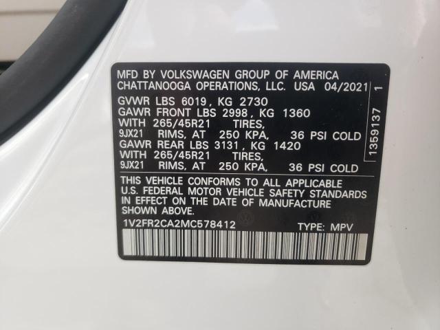Photo 10 from auction – 2021 VOLKSWAGEN ATLAS SEL with VIN 1V2FR2CA2MC578412