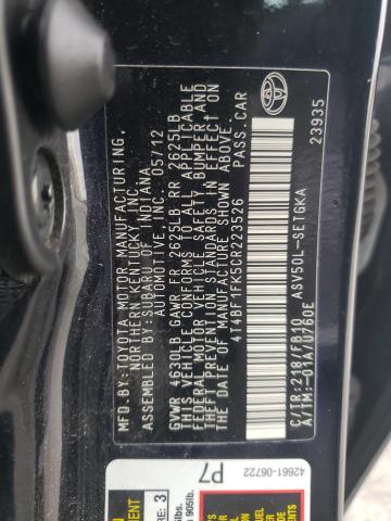Photo 10 from auction – 2012 TOYOTA CAMRY BASE with VIN 4T4BF1FK5CR223526