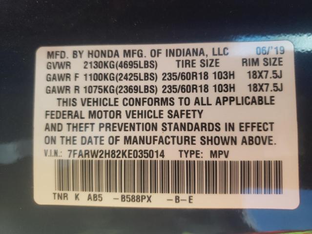 Photo 10 from auction – 2019 HONDA CR-V EXL with VIN 7FARW2H82KE035014