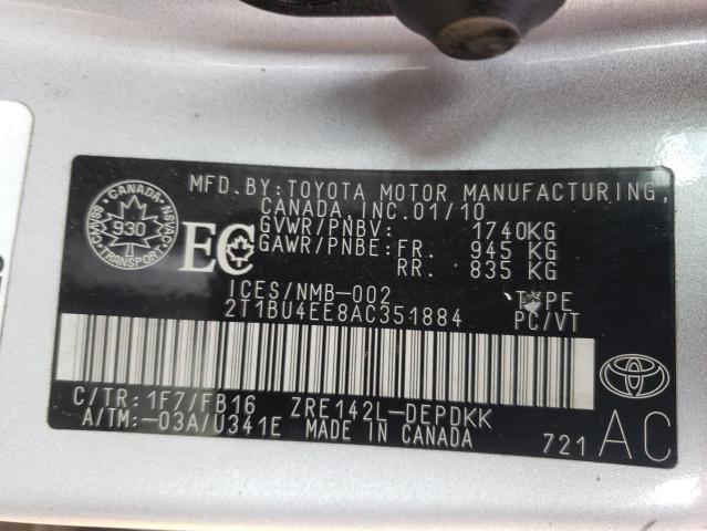 Photo 10 from auction – 2010 TOYOTA COROLLA BA with VIN 2T1BU4EE8AC351884