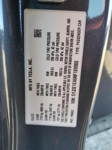 Photo 10 from auction – 2022 TESLA MODEL 3 with VIN 5YJ3E1EA6NF189980