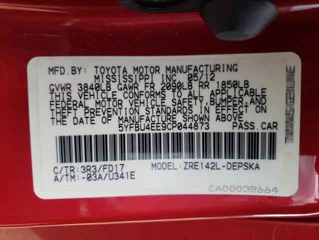 Foto 10 de la subasta – 2012 TOYOTA COROLLA BA con VIN 5YFBU4EE9CP044873