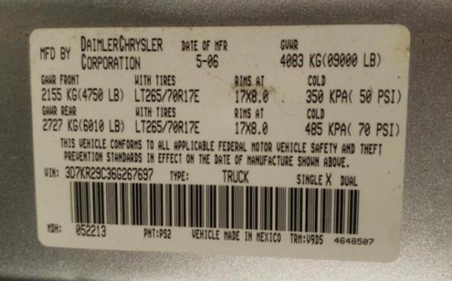 Photo 10 from auction – 2006 DODGE RAM 2500 with VIN 3D7KR29C36G267697