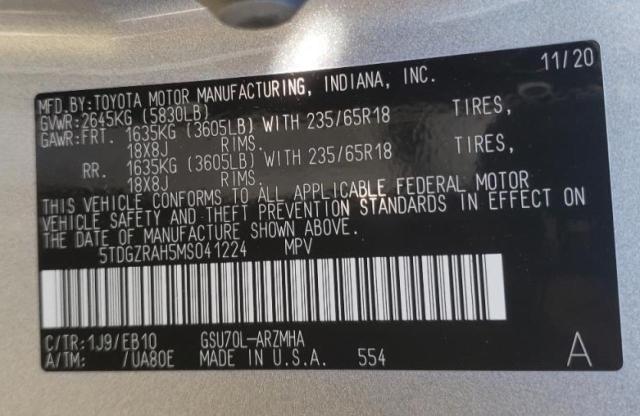 Photo 10 from auction – 2021 TOYOTA HIGHLANDER with VIN 5TDGZRAH5MS041224