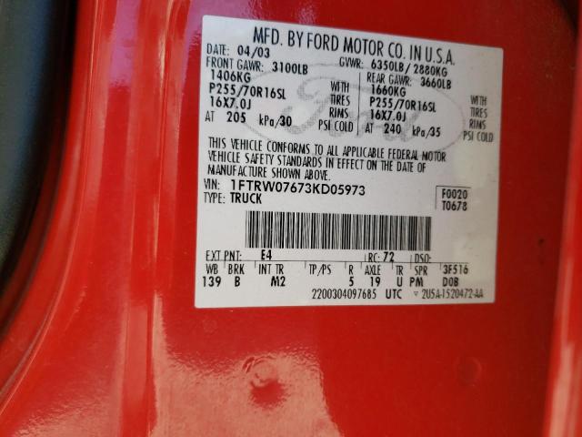 Photo 10 from auction – 2003 FORD F150 SUPER with VIN 1FTRW07673KD05973