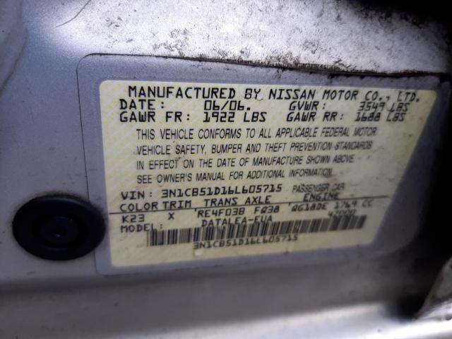 Photo 10 from auction – 2006 NISSAN SENTRA with VIN 3N1CB51D16L605715