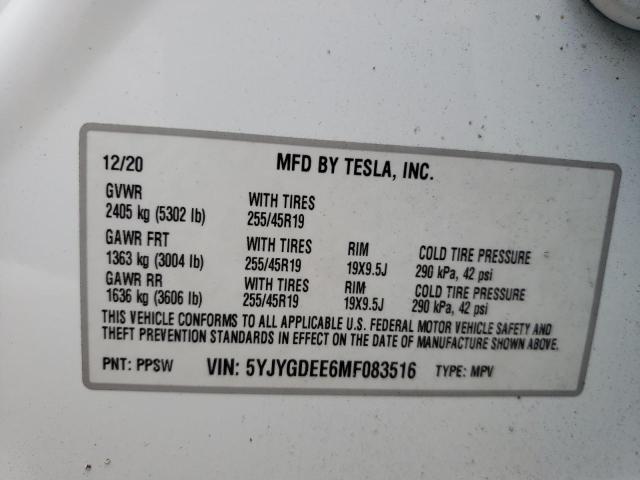 Photo 10 from auction – 2021 TESLA MODEL Y with VIN 5YJYGDEE6MF083516