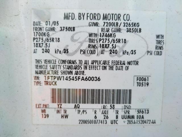 Photo 10 from auction – 2005 FORD F150 SUPER with VIN 1FTPW14545FA60036