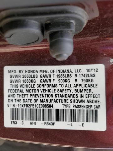 Photo 10 from auction – 2012 HONDA CIVIC LX with VIN 19XFB2F51CE098504