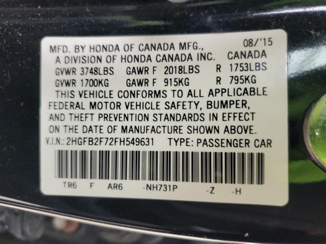 Photo 10 from auction – 2015 HONDA CIVIC SE with VIN 2HGFB2F72FH549631