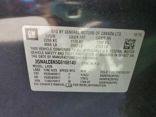 Photo 10 from auction – 2016 CHEVROLET EQUINOX LT with VIN 2GNALCEK5G6168149