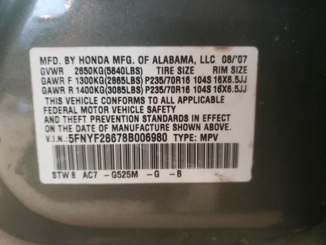 Photo 10 from auction – 2008 HONDA PILOT EXL with VIN 5FNYF28678B006980
