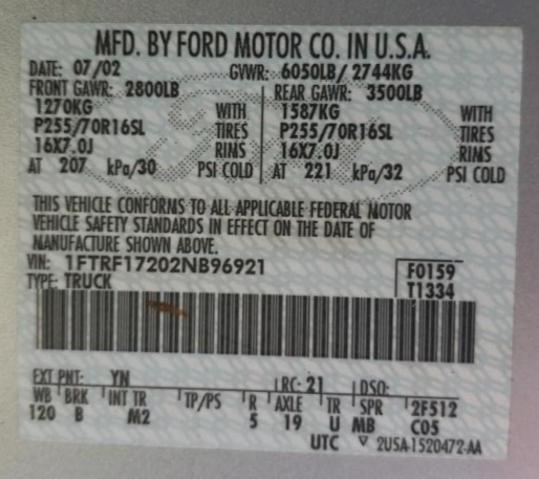 Photo 10 from auction – 2002 FORD F150 with VIN 1FTRF17202NB96921