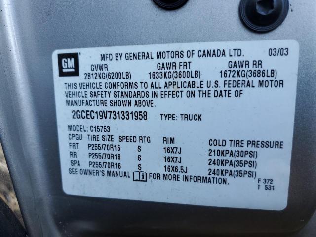 Photo 10 from auction – 2003 CHEVROLET SILVERADO with VIN 2GCEC19V731331958