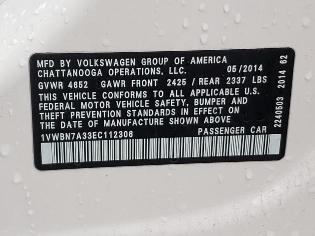 Photo 10 from auction – 2014 VOLKSWAGEN PASSAT SE with VIN 1VWBN7A33EC112306