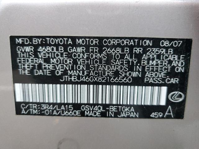 Photo 10 from auction – 2008 LEXUS ES 350 with VIN JTHBJ46GX82166560