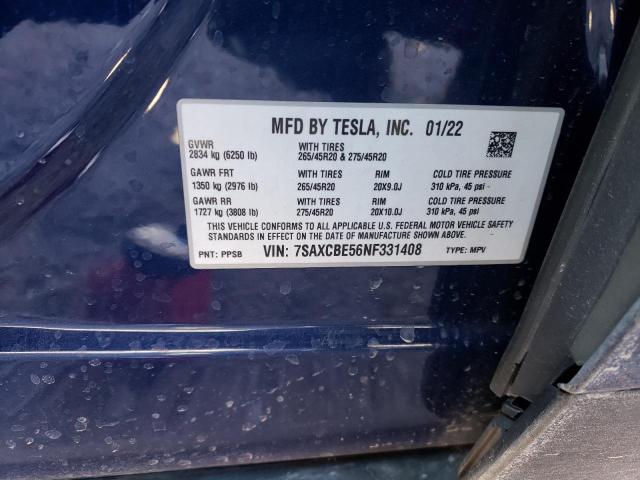 Photo 10 from auction – 2022 TESLA MODEL X with VIN 7SAXCBE56NF331408